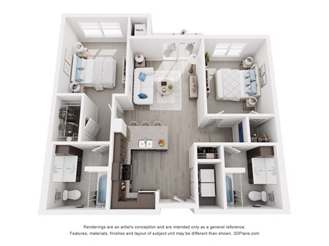 Floor plan for 2 beds, 2 baths, 992 sqft